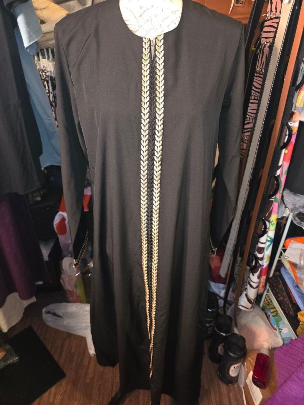 Black Long-Sleeve Embellished Maxi Dress With Gold Leaf Trim Medium 95% Polyeste